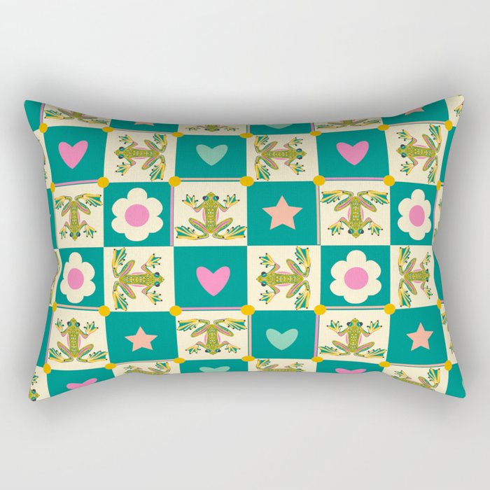Charming Frogs & Florals: Whimsical Nature-Inspired Pattern Rectangular Pillow Gallery Image 2