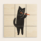 Black cat with flute Wood Wall Art Gallery Image 1