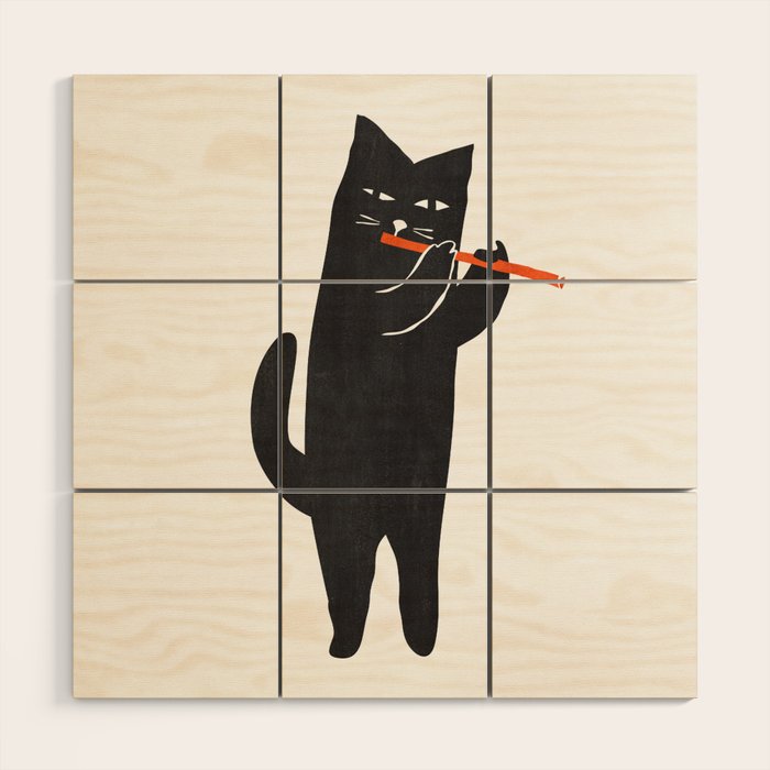 Black cat with flute Wood Wall Art Gallery Image 1