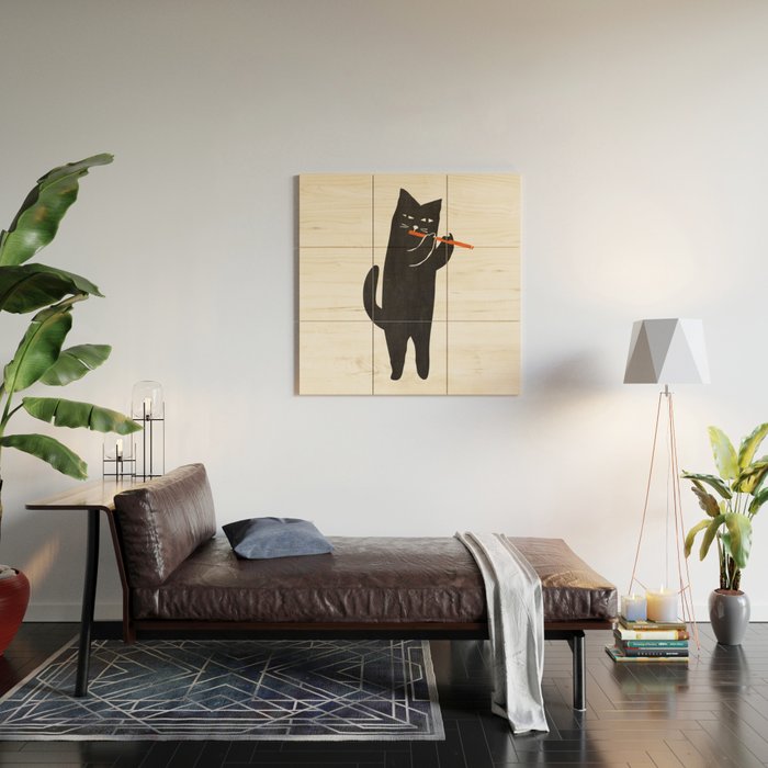 Black cat with flute Wood Wall Art Gallery Image 2