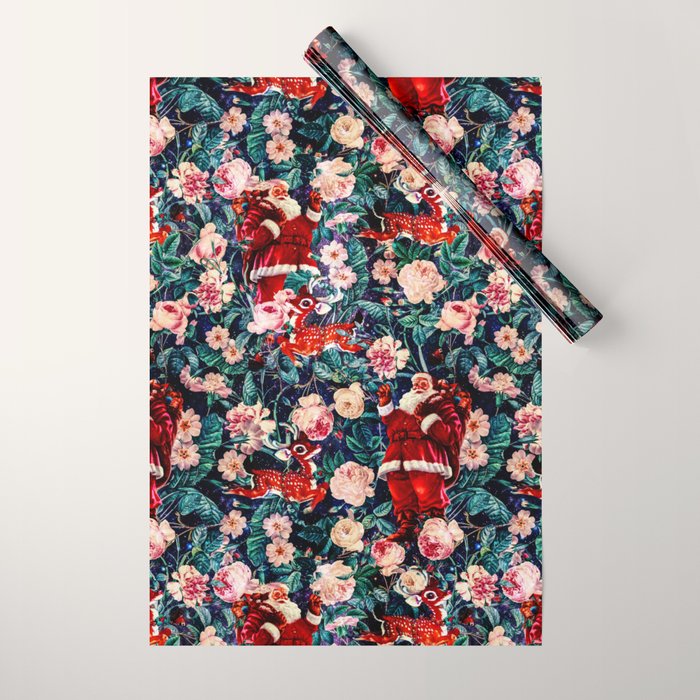 Santa Claus and Floral Pattern Wrapping Paper Gallery Image 1
