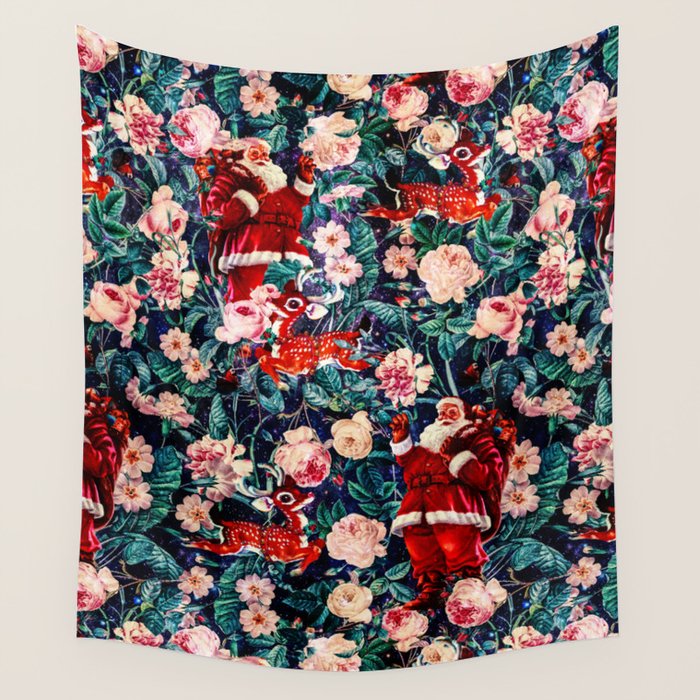 Santa Claus and Floral Pattern Wall Tapestry Gallery Image 1
