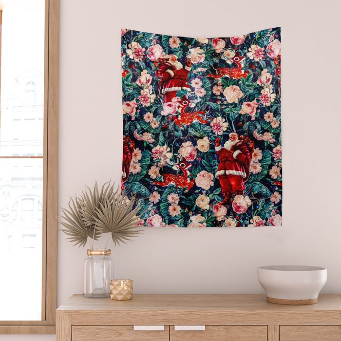 Santa Claus and Floral Pattern Wall Tapestry Gallery Image 2