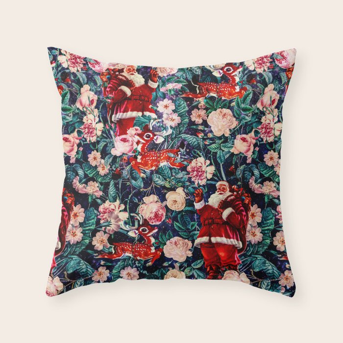 Santa Claus and Floral Pattern Throw Pillow Gallery Image 1