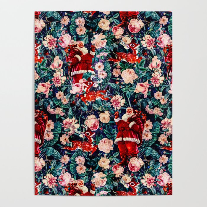 Santa Claus and Floral Pattern Poster Gallery Image 1