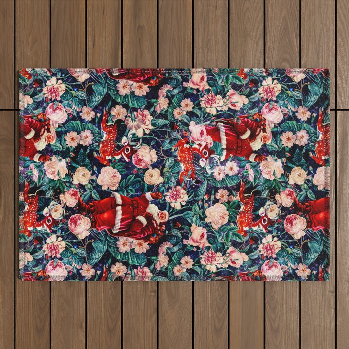 Santa Claus and Floral Pattern Outdoor Rug Gallery Image 1
