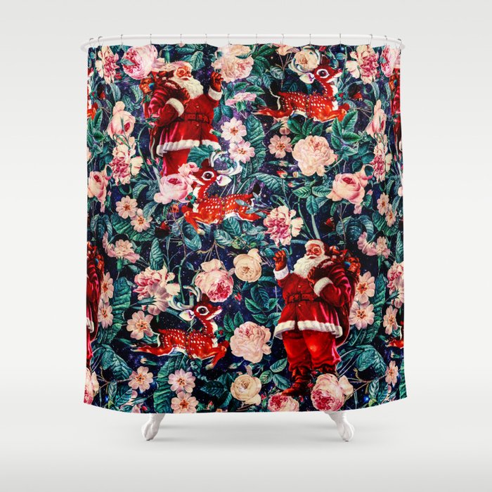 Santa Claus and Floral Pattern Shower Curtain Gallery Image 1