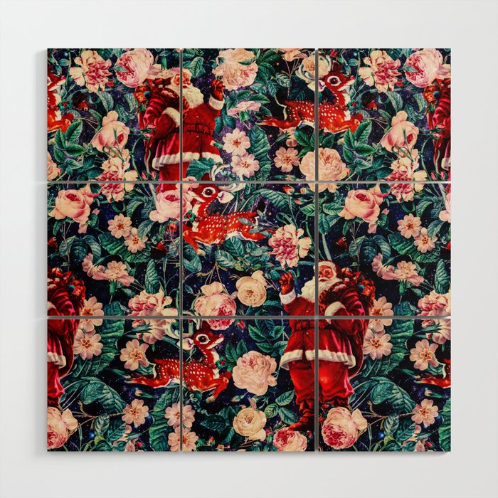 Santa Claus and Floral Pattern Wood Wall Art Gallery Image 1