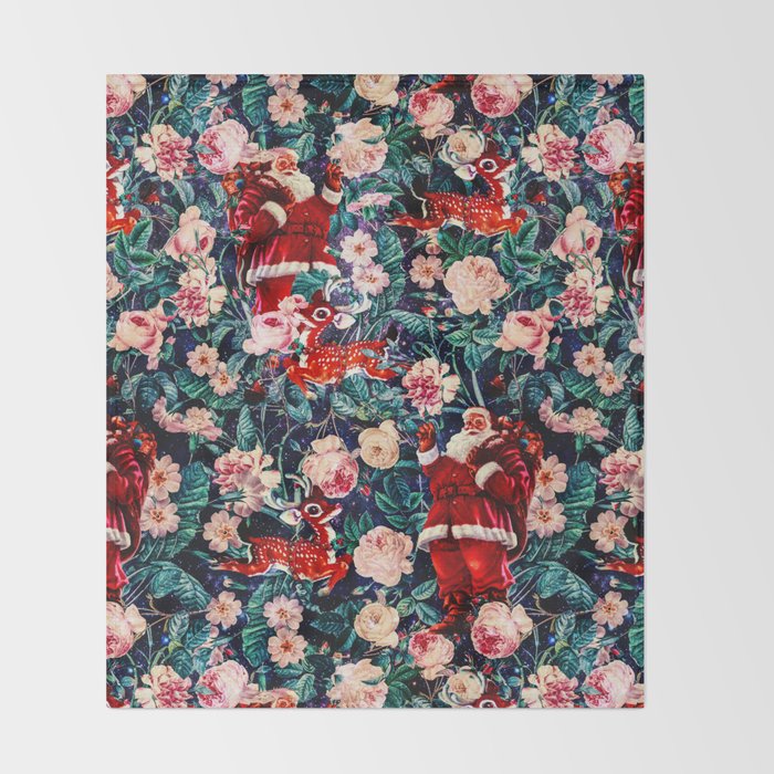 Santa Claus and Floral Pattern Throw Blanket Gallery Image 2
