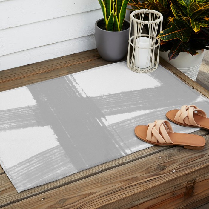 Abstract Minimalist Painted Brushstrokes 1 in Light Gray Outdoor Rug Gallery Image 2