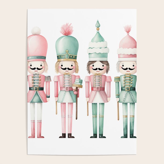 Mint and Pink Watercolor Nutcracker Soldiers Poster Gallery Image 1