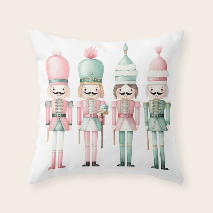 Mint and Pink Watercolor Nutcracker Soldiers Throw Pillow Gallery Image 6