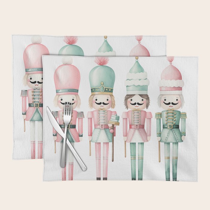 Mint and Pink Watercolor Nutcracker Soldiers Placemat Gallery Image 1