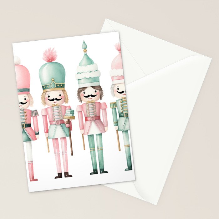 Mint and Pink Watercolor Nutcracker Soldiers Stationery Card Gallery Image 2