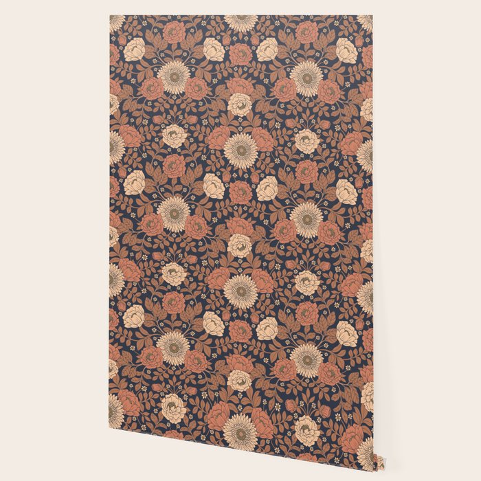 Peach, Dusty Rose, Mauve & Blue-Gray Floral Pattern Wallpaper Gallery Image 2