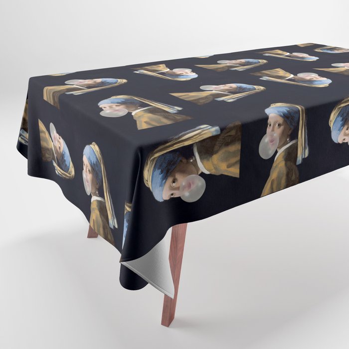 Girl with pearl earring blowing bubble gum Tablecloth Gallery Image 1