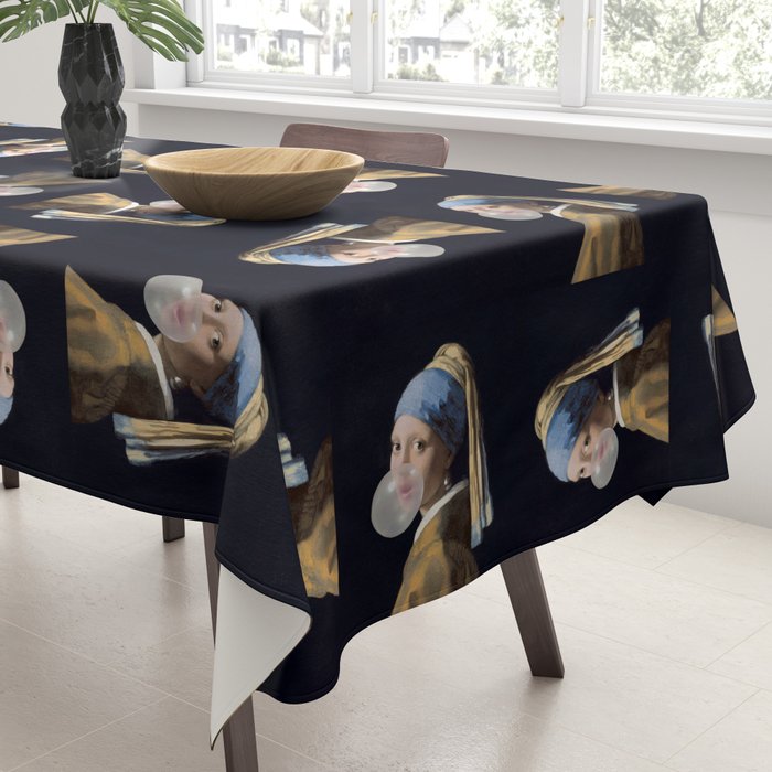 Girl with pearl earring blowing bubble gum Tablecloth Gallery Image 3