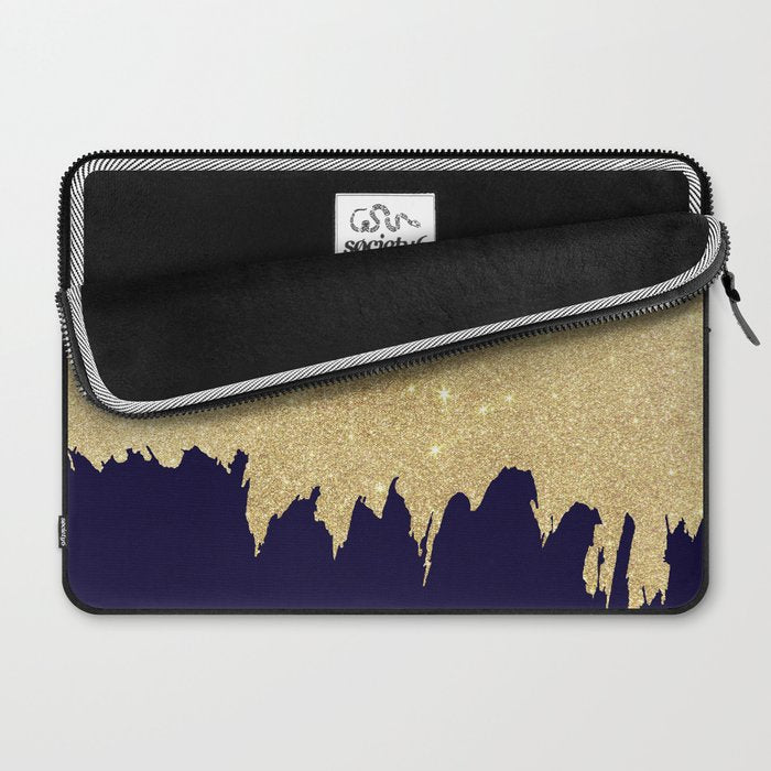 Modern navy blue white faux gold glitter brushstrokes Laptop Sleeve Gallery Image 2
