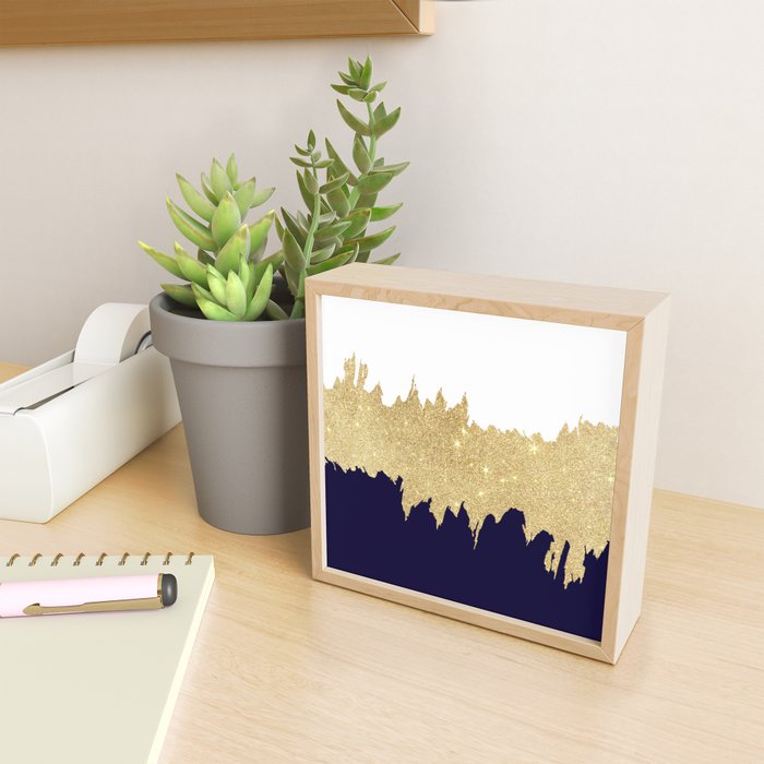 Modern navy blue white faux gold glitter brushstrokes Mini Art Print Gallery Image 2