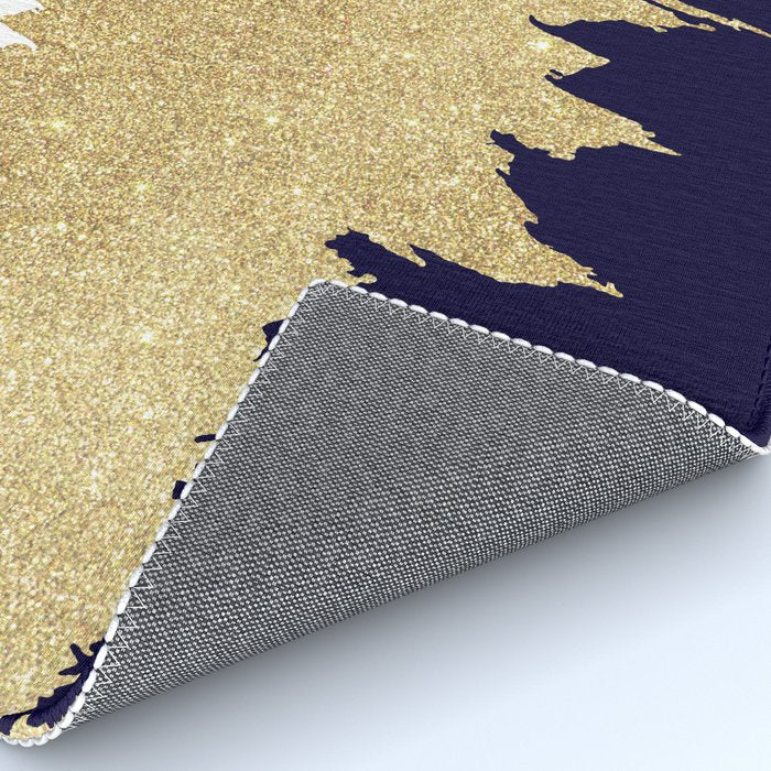 Modern navy blue white faux gold glitter brushstrokes Rug Gallery Image 4