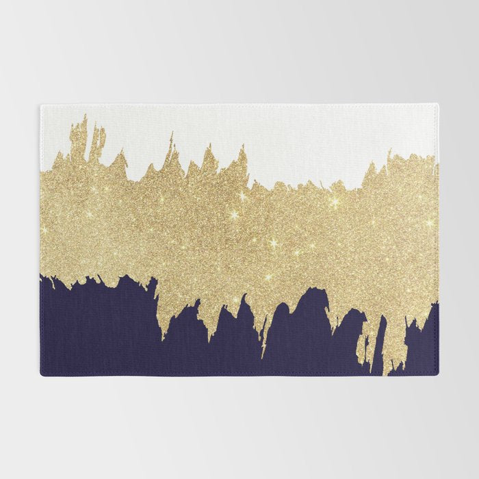 Modern navy blue white faux gold glitter brushstrokes Rug Gallery Image 2