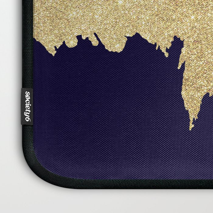Modern navy blue white faux gold glitter brushstrokes Laptop Sleeve Gallery Image 3