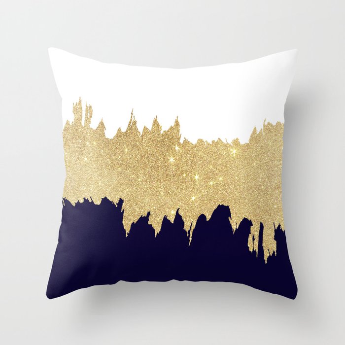 Modern navy blue white faux gold glitter brushstrokes Throw Pillow Gallery Image 6