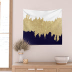 Modern navy blue white faux gold glitter brushstrokes Wall Tapestry Gallery Image 2