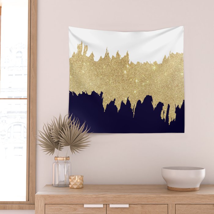 Modern navy blue white faux gold glitter brushstrokes Wall Tapestry Gallery Image 2