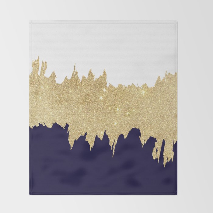 Modern navy blue white faux gold glitter brushstrokes Throw Blanket Gallery Image 2