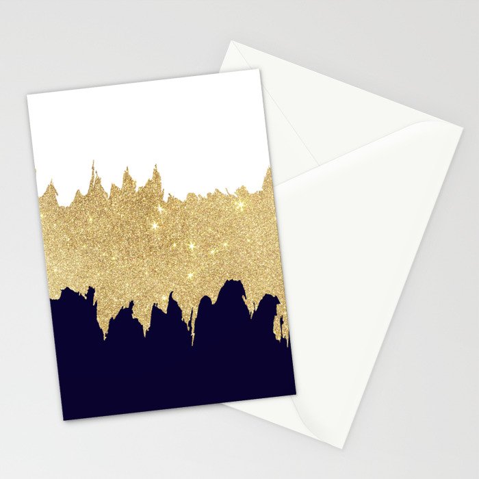 Modern navy blue white faux gold glitter brushstrokes Stationery Card Gallery Image 2