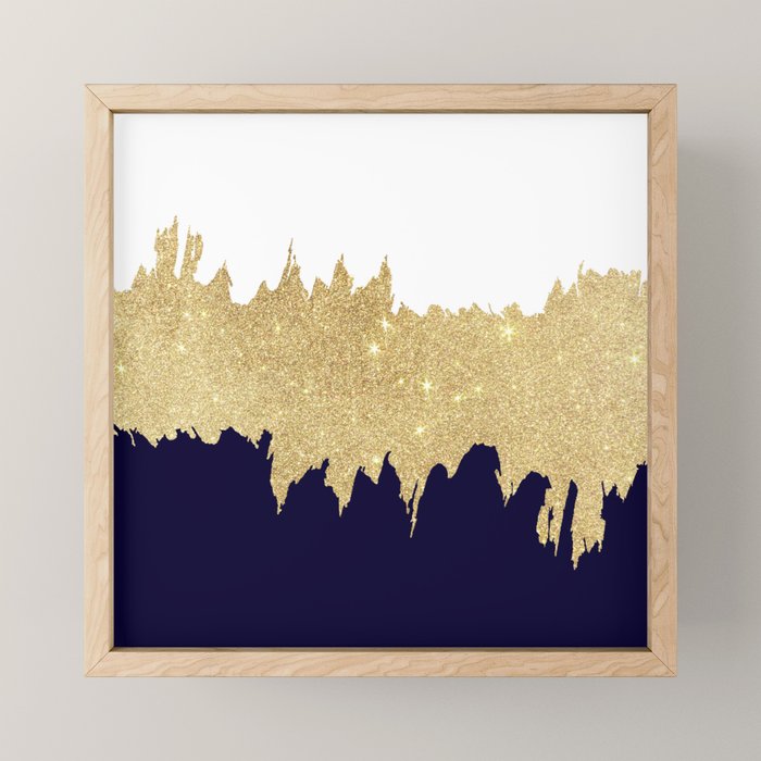 Modern navy blue white faux gold glitter brushstrokes Mini Art Print Gallery Image 1