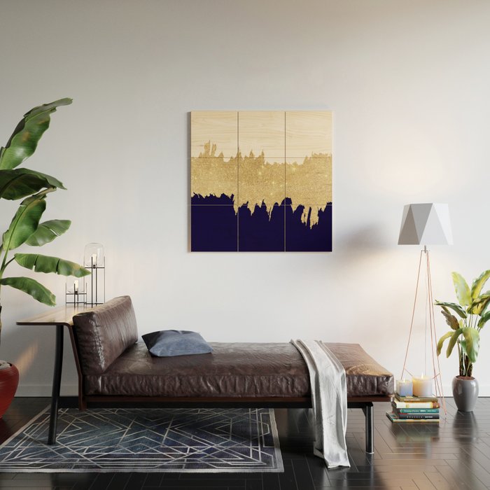 Modern navy blue white faux gold glitter brushstrokes Wood Wall Art Gallery Image 2