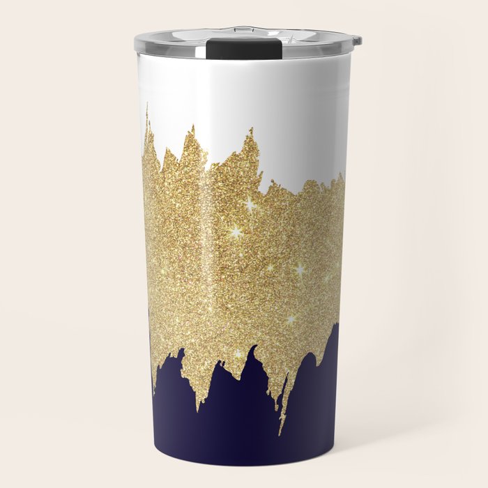 Modern navy blue white faux gold glitter brushstrokes Travel Mug Gallery Image 1