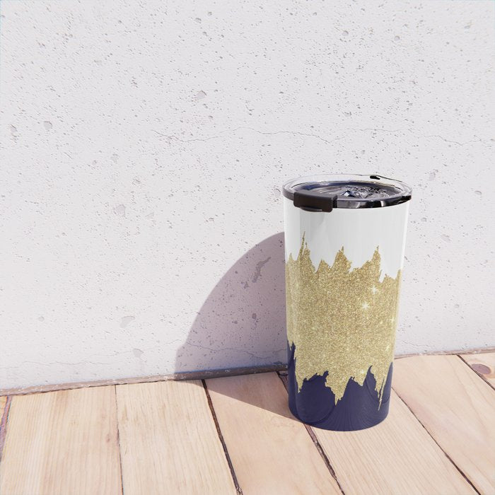 Modern navy blue white faux gold glitter brushstrokes Travel Mug Gallery Image 4
