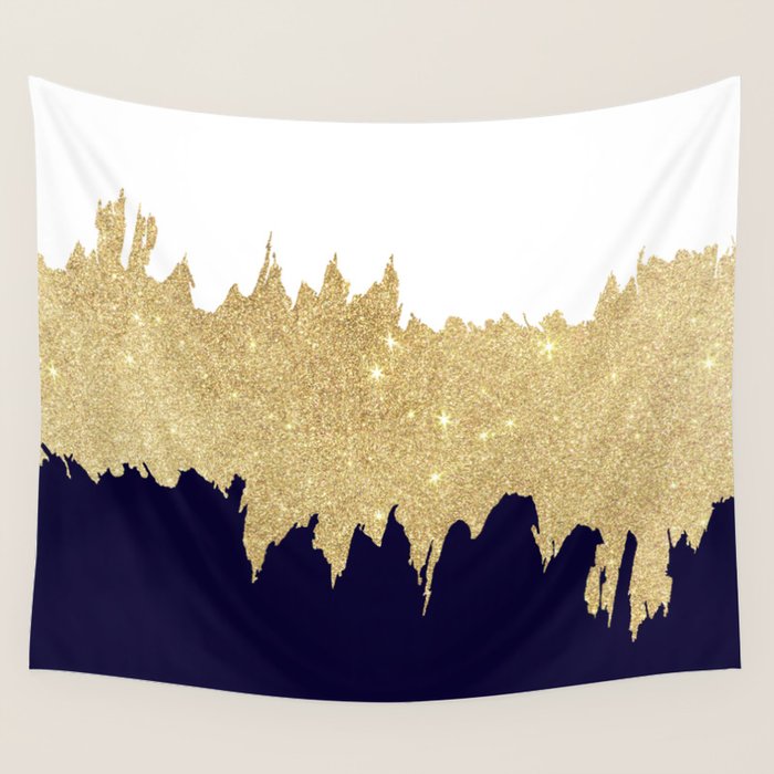 Modern navy blue white faux gold glitter brushstrokes Wall Tapestry Gallery Image 4