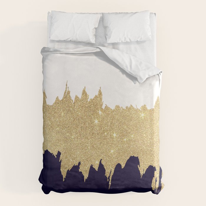 Modern navy blue white faux gold glitter brushstrokes Duvet Cover Gallery Image 6
