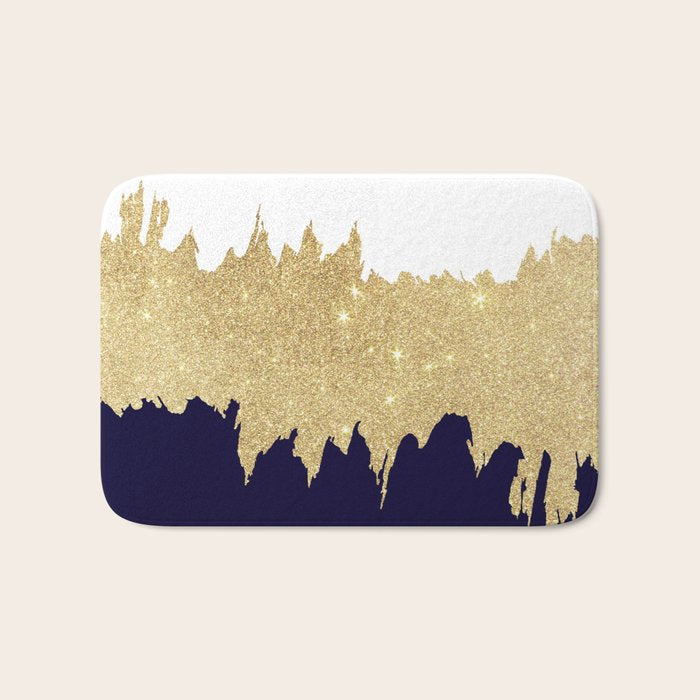 Modern navy blue white faux gold glitter brushstrokes Bath Mat Gallery Image 1