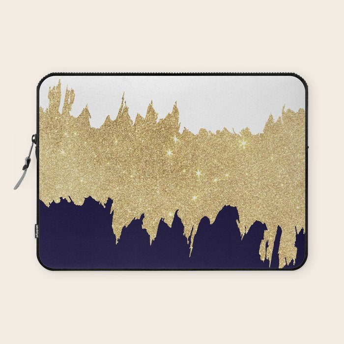 Modern navy blue white faux gold glitter brushstrokes Laptop Sleeve Gallery Image 1