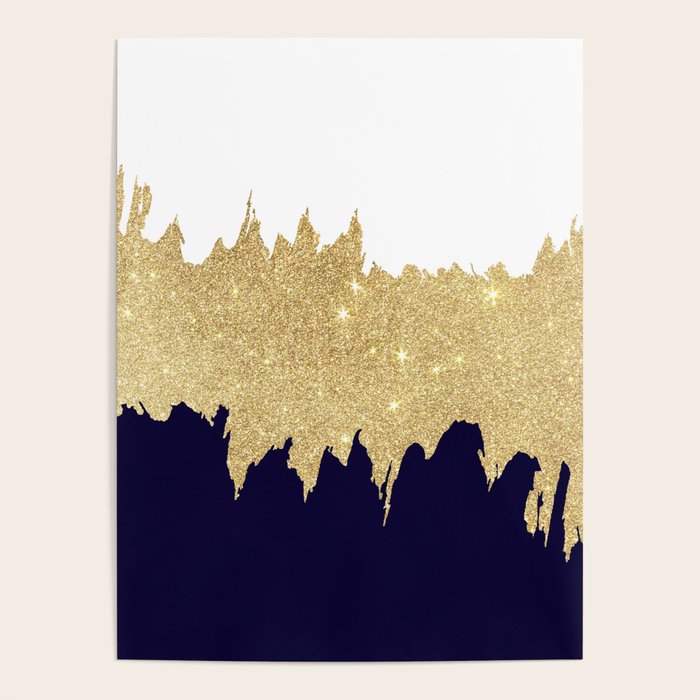 Modern navy blue white faux gold glitter brushstrokes Poster Gallery Image 4