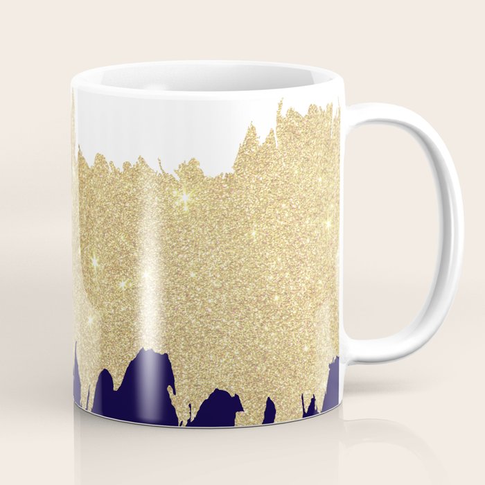 Modern navy blue white faux gold glitter brushstrokes Coffee Mug Gallery Image 1