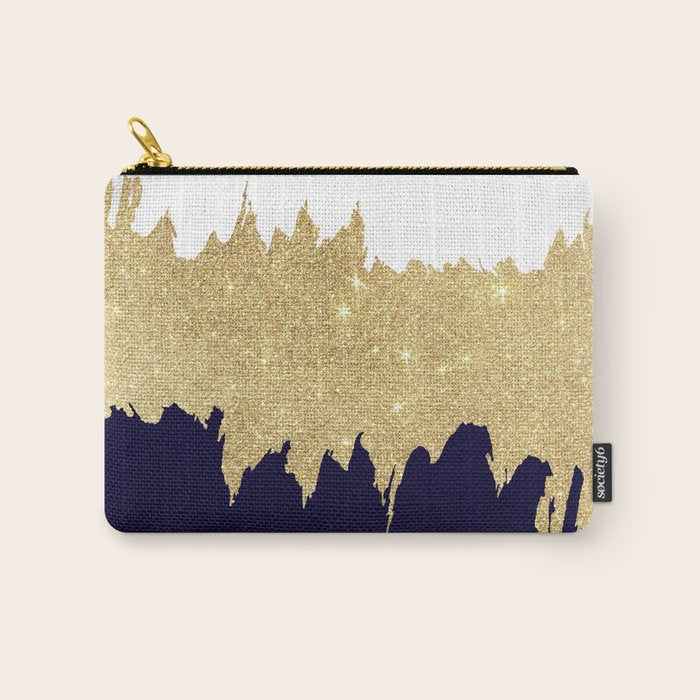 Modern navy blue white faux gold glitter brushstrokes Carry All Pouch Gallery Image 1