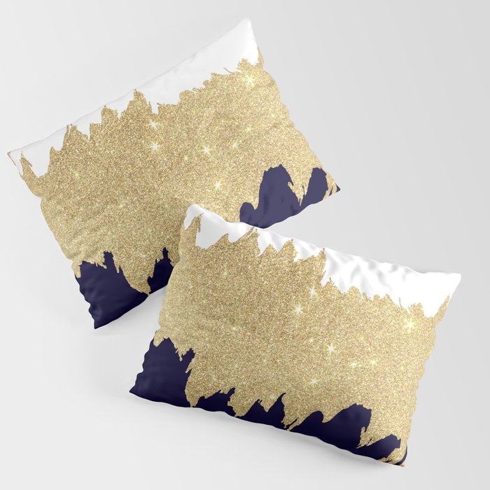 Modern navy blue white faux gold glitter brushstrokes Pillow Sham Gallery Image 1