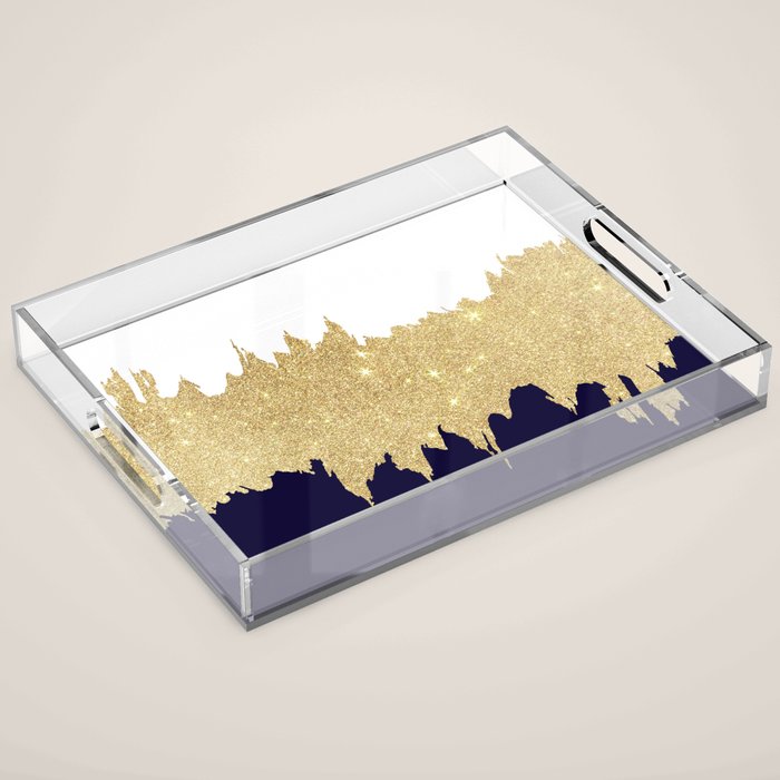 Modern navy blue white faux gold glitter brushstrokes Acrylic Tray Gallery Image 1