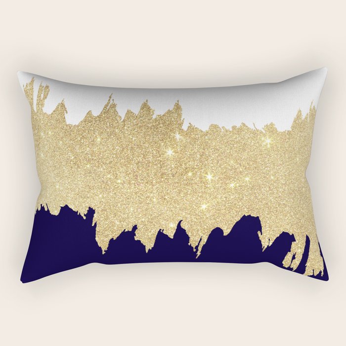 Modern navy blue white faux gold glitter brushstrokes Rectangular Pillow Gallery Image 1