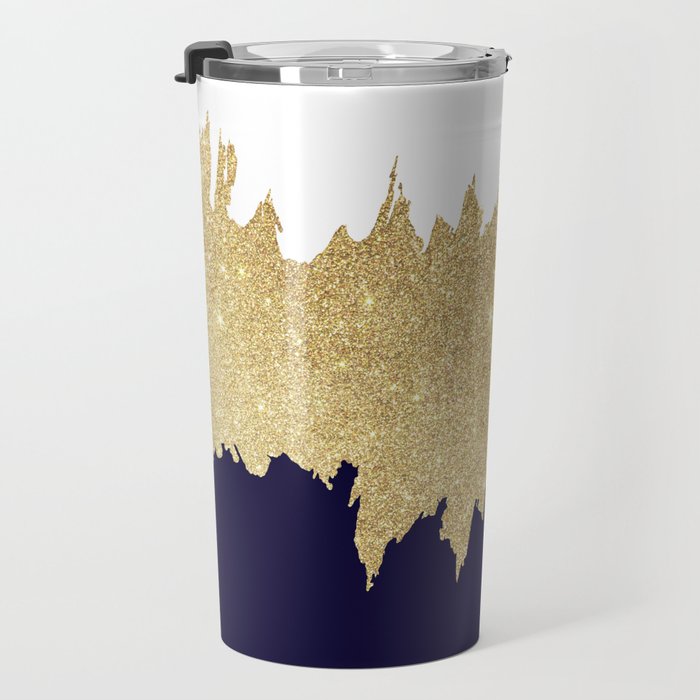 Modern navy blue white faux gold glitter brushstrokes Travel Mug Gallery Image 3