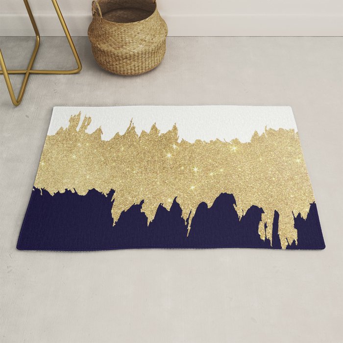 Modern navy blue white faux gold glitter brushstrokes Rug Gallery Image 1