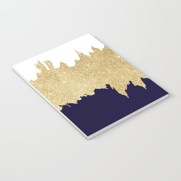 Modern navy blue white faux gold glitter brushstrokes Notebook Gallery Image 3
