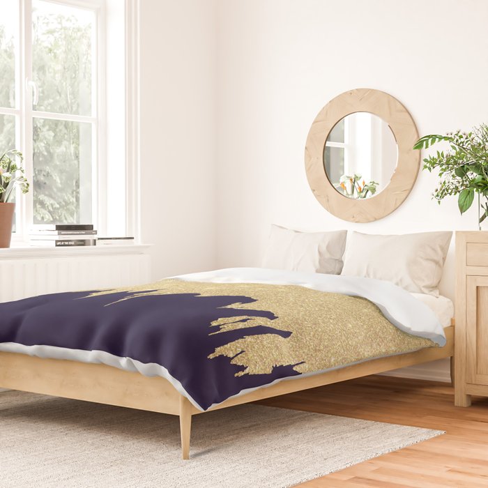 Modern navy blue white faux gold glitter brushstrokes Duvet Cover Gallery Image 2