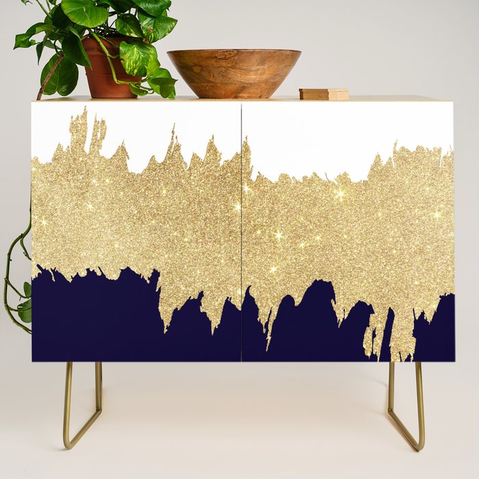 Modern navy blue white faux gold glitter brushstrokes Credenza Gallery Image 1